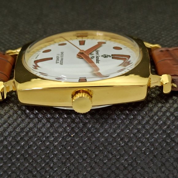 Vintage 1969 Henri Sandoz Mens Gold Watch W/Leather Strap & White Face Brown Acn - Picture 7 of 9